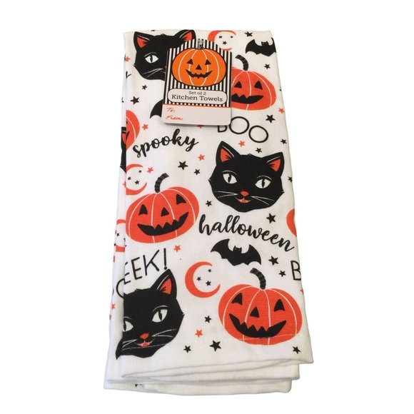 Halloween Black Cats Jack o Lantern Kitchen Towels 100% Cotton Set of 2 - Picture 1 of 5